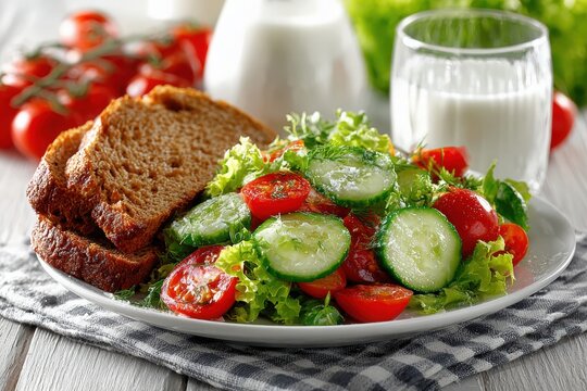 Fresh salad with cherry tomatoes, cucumber slices, and leafy greens served with whole grain bread and a glass of milk on a rustic wooden table with a checkered cloth