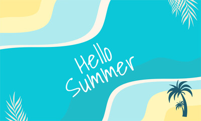 Vibrant summer banner with beach waves, tropical leaves, and playful “Hello Summer” text. Bright turquoise and yellow tones, perfect for seasonal ads, travel promos, or social media posts.