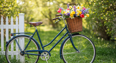 Fototapeta premium Vintage bicycle with flowers in basket beside white fence in spring 