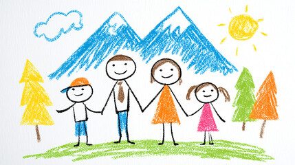 Digital illustration mimicking authentic child's crayon drawing, stick figure family of four holding hands 