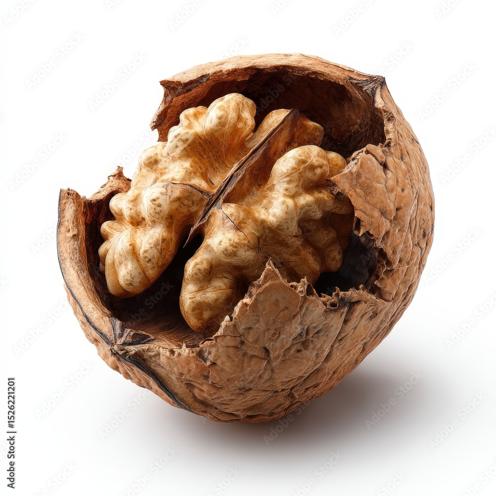 Poster cracked walnut shell revealing fresh nutmeat high resolution image of a partially broken walnut shel