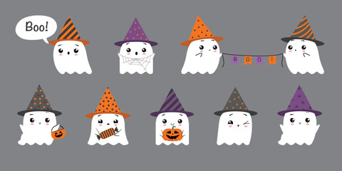 Collection of cute flat ghost in a party hats. Vector illustration isolated on gray background