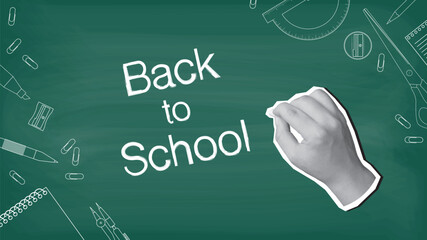 A hand writes a text Back to School on a blackboard with chalk, stationery items on background. Modern collage style. Vector illustration