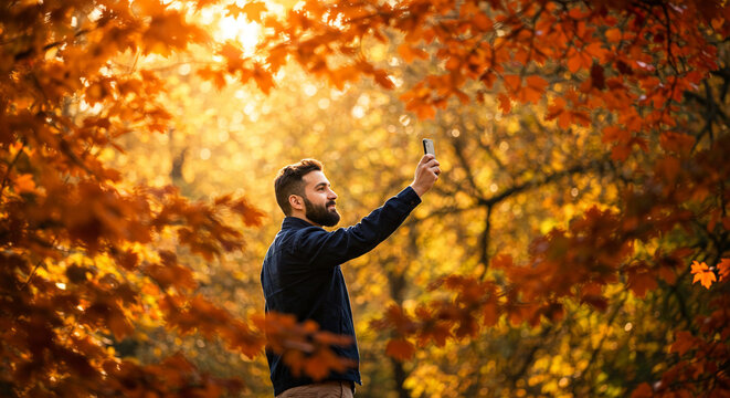 Man taking selfie with smartphone surrounded by autumn leaves  