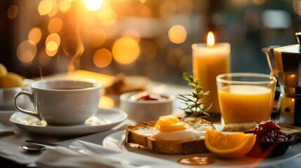 Golden hour breakfast sunnyside up on toast, coffee steaming, candle glowing, with orange juice and marmalade