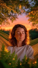 Digital-free moments in nature captured through peaceful solitude, A serene moment of relaxation in nature during sunset. Reflecting slow living with digital-free moments in nature surrounded by calm