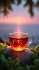 Digital-free moments in nature captured through peaceful solitude, A steaming cup of tea at sunset, surrounded by nature's beauty. Reflecting slow living with digital-free moments in nature 