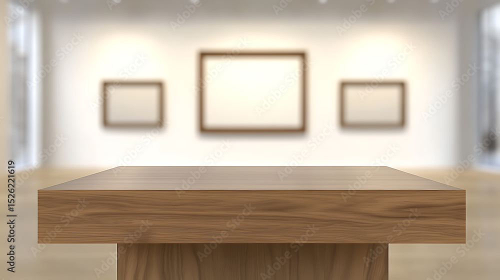 Poster wooden table in focus against blurred gallery wall with empty picture frames