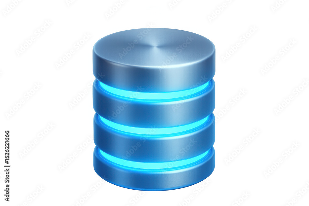 Poster metallic database icon glowing with blue light, representing data storage, cloud computing, and info