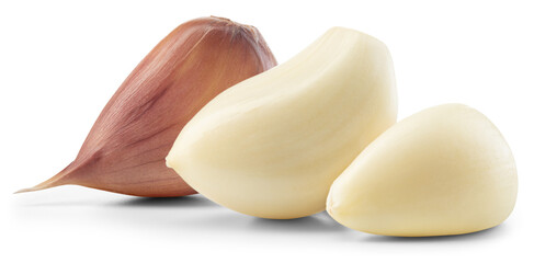 Garlic clove png. Garlic cloves on transparent background. Peeled and unpeeled three garlic cloves...