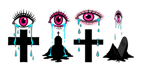 Four weeping eyes flowing teardrop pink irises and blue tears over crosses, above dark gravestones turquoise color palette bold outlines, cartoon-like rendering style textures somber atmosphere.