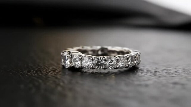 A close up of a diamond eternity ring on a dark surface showing the sparkle of the gems and metal band