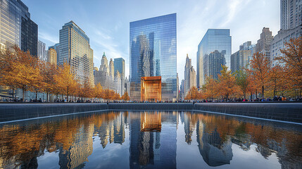 Obraz premium stunning view of modern skyscrapers reflecting in serene water pool, surrounded by autumn trees