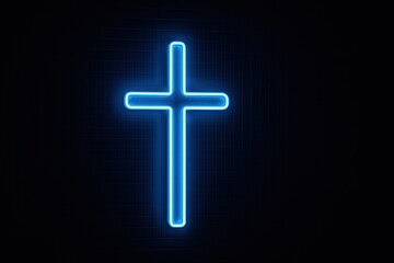 Obraz premium Glowing Blue Neon Cross Symbol against Dark Background representing faith, religion, spirituality, hope, and Christian symbol.