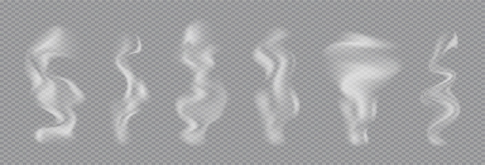 Realistic Smoke or steam effect from hot drink or food. Clouds of white trace from cigarette or hookah, haze from hot dish or mug. 3d overlay smoky fog set