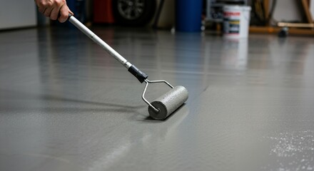 Close-up of Roller Applying Grey Epoxy Paint to a Smooth Concrete Floor in a Garage. Floor Finishing and Renovation Project. Protective Coating Application.
