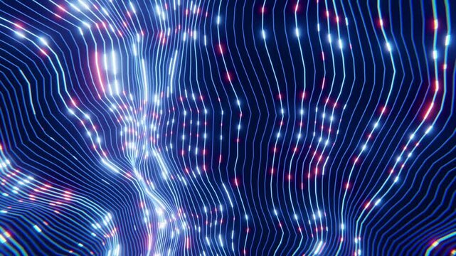 Pink and white dots move on wavy blue lines on a dark background, creating an abstract and dynamic visual