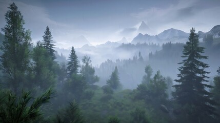 Naklejka premium Misty mountains and verdant forest under a cloudy sky