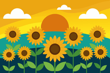 Vibrant Sunflower Sunset A Summer Landscape Illustration