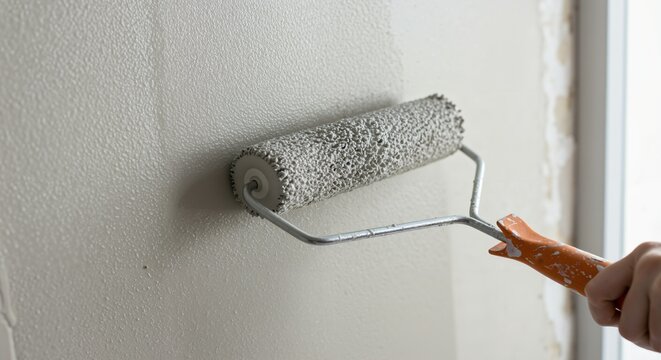 Close-up of a hand using a textured paint roller to apply light beige paint to a wall during home renovation. DIY interior decorating project in progress.