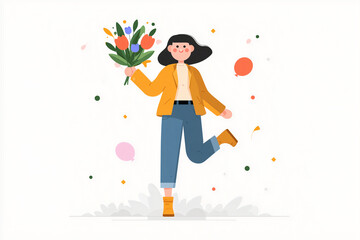 Flat vector illustration of a joyful business person in casual suit jumping mid-air, holding a vibrant bouquet of flowers, colorful ribbons swirling around