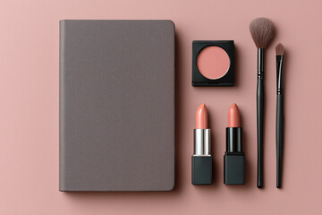 Flat lay mockup with black block notebook, dark mauve background, compact cluster of makeup items (lipstick, brush, compact)