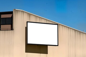 A blank whiteboard suspended from a sleek black pole against a backdrop of a clear blue sky. The rectangular billboard is empty and immaculate, hanging from the side of a modern beige building with ex
