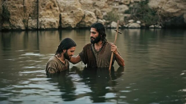 Biblical depiction of John the Baptist baptizing Jesus Christ in the river Jordan. Religious scripture reenactment footage.