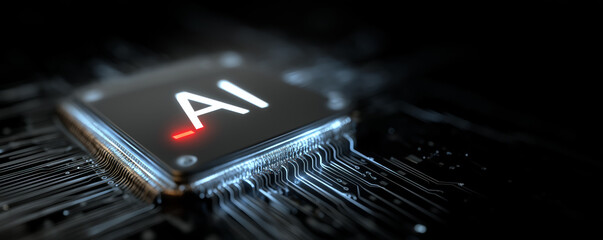 A digital illustration of an AI microchip. Banner. 