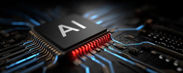 A digital illustration of an AI microchip. Banner. 