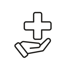 Obraz premium Medical icons. health symbol on hand. medical cross sign on hand. Prevention, health, diagnosis. Outline design style