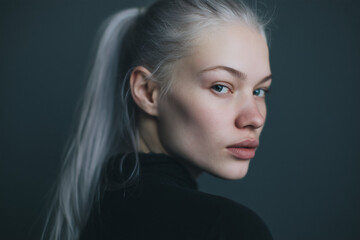 Fototapeta premium girl's model face, 26 years old, light eyes, white long hair in a ponytail