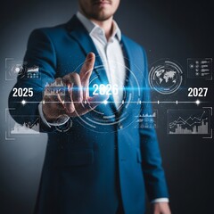 Businessman Interacting with Futuristic 2026 Timeline Interface