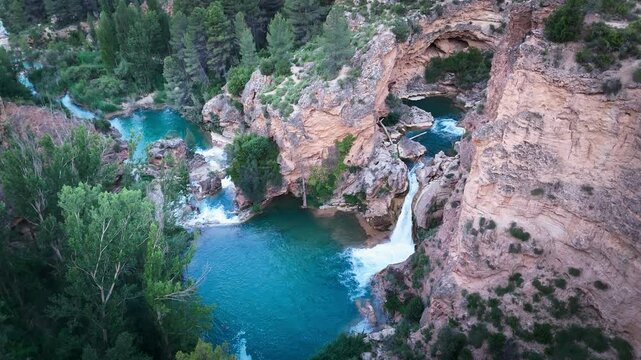 Aerial view of the Chorreras del R&iacute;o Cabriel in Cuenca, Castilla-La Mancha, Spain, declared a national monument