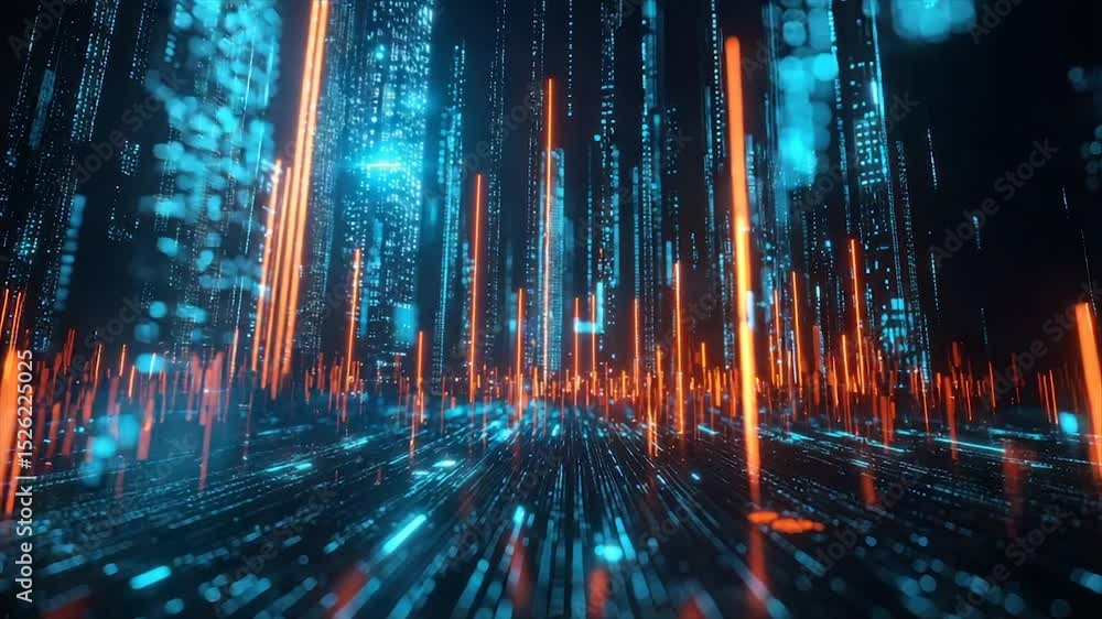 Poster futuristic digital cityscape with glowing lines and data streams