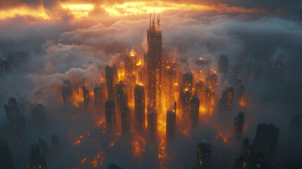 Obraz premium stunning cityscape emerges from fog, illuminated by fiery lights