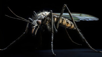 A menacing mosquito, poised with needlelike proboscis, against a stark black backdrop