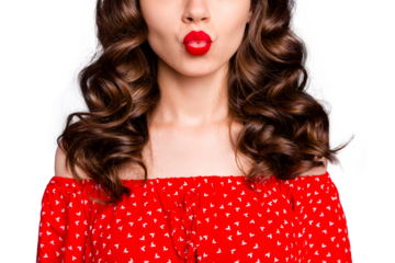 Cropped photo of beautiful lady sending air kiss hiding half face wear red dress isolated purple background