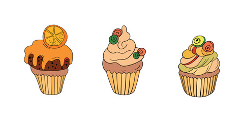 Muffin cake, sweet cupcake with cream, delicious pastries. Modern vector illustration, logo for cafe, restaurant, pastry shop. Dessert icon. Symbol for a candy bar.