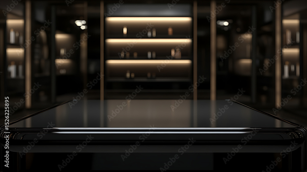 Poster close-up of black glossy table with blurred shelves and decorative objects in background