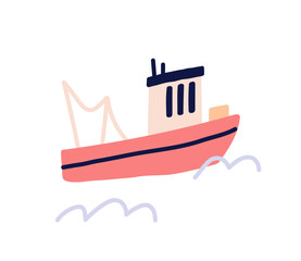 Sailing ship icon, small boat on ocean waves, fishing vessel illustration, nautical travel scene, scandinavian style drawing, sea journey symbol, maritime floating object flat vector illustration.