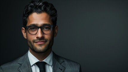 perfectly composed portrait of a businessman wearing glasses and a sleek gray e suit 