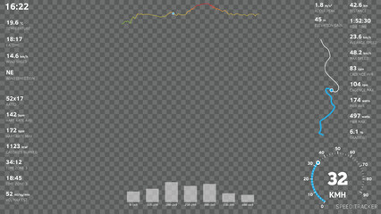 Very detailed vector bicycle telemetry overlay template on transparent background. Includes speed, altitude, GPS data, sand HUD elements. For action camera on bike, sport videos photo overlays.
