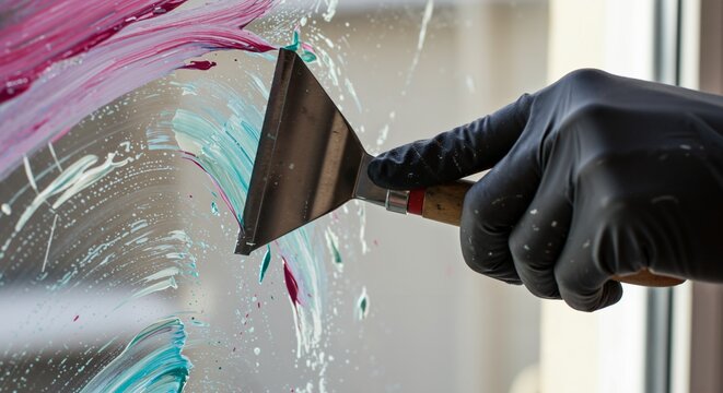 Close-up of a gloved hand using a metal scraper to remove colorful magenta, teal, and white paint from a glass window surface during renovation or cleaning.
