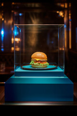 a gourmet burger inside a trophy-case. The burger has cheese, tomato and lettuce, the burger is over a blue plate, a light from above shines on top of the burger making the burger stand out. 