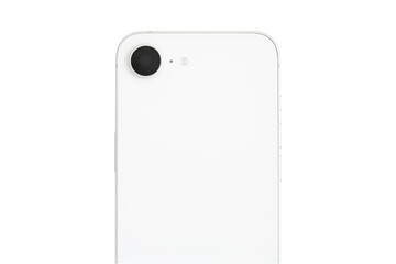 Camera lens on back of mobile phone, isolated on white background