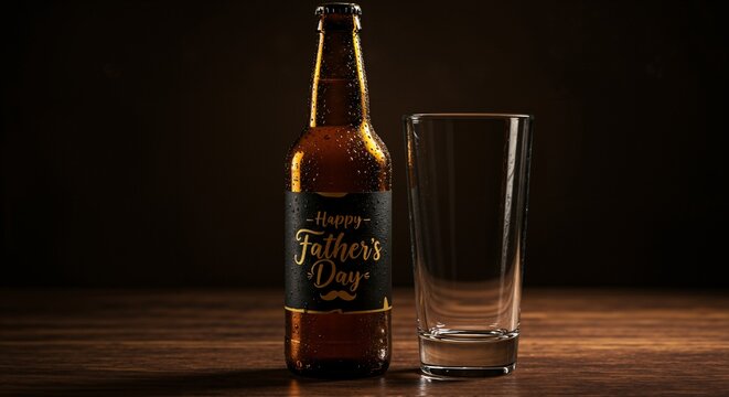 Cold beer bottle with a 'Happy Father's Day' label and an empty pint glass sit on a dark wooden table, ready for celebration.
