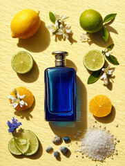 In the center of the composition, on a textured light yellow background, there is a blue perfume bottle. Around it are seven neroli flowers, six different citrus fruits of different sizes, handfuls of