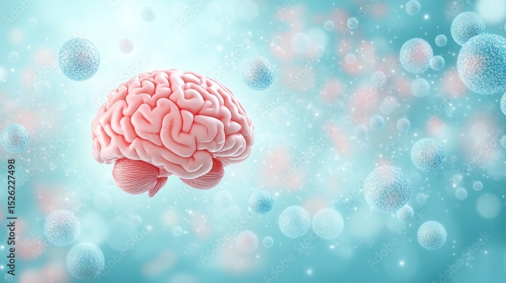 Poster anatomical brain structure with defocused particles background symbolizing ai and human intelligence
