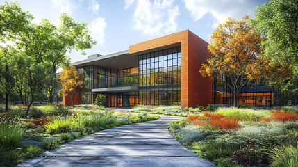 Fototapeta premium modern school building surrounded by vibrant landscaping and trees, showcasing blend of nature